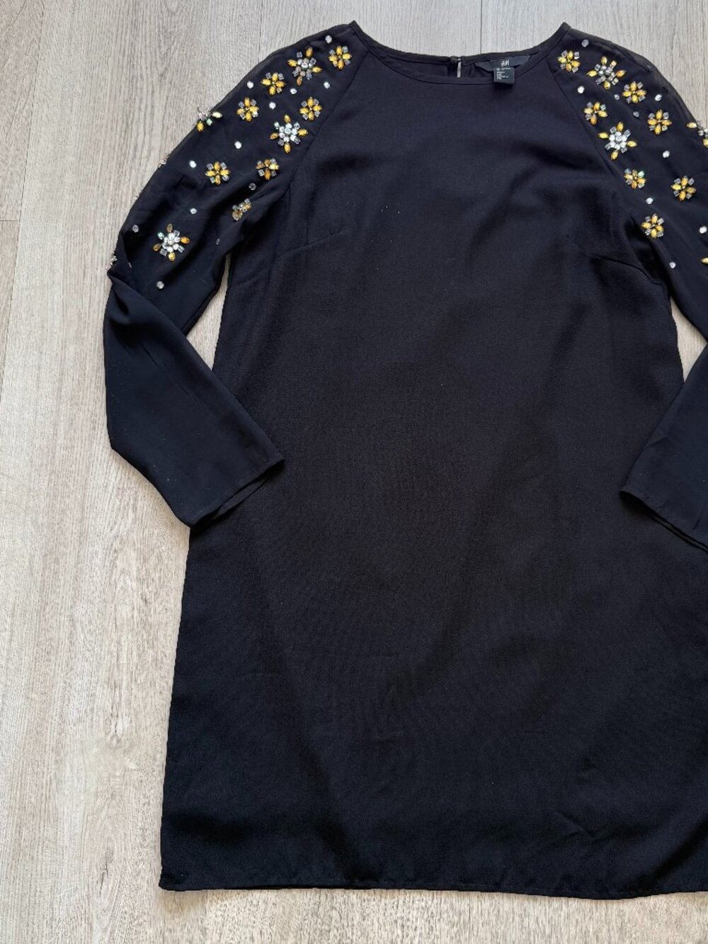 H&M Black Jeweled Shoulder Shift Dress, Size 6